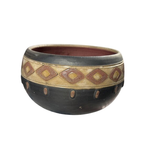 Aztec Design Pottery Bowl Brown Tan Hand Made Small Dish Decor - Picture 2 of 6